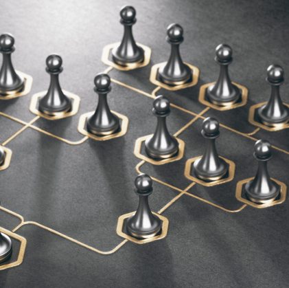 3D illustration of many pawns and golden organizational sheme over black background. Company hierarchy concept.