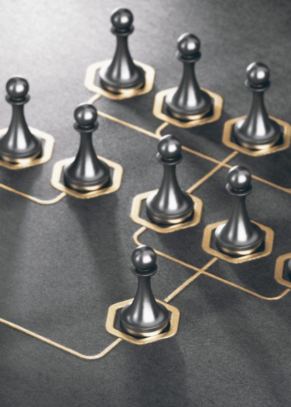 3D illustration of many pawns and golden organizational sheme over black background. Company hierarchy concept.